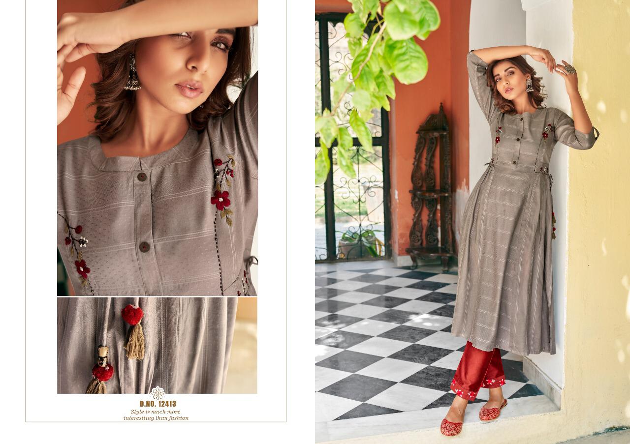 Klaroop Tissot Latest Fancy Festive Wear Fancy Reyon With khatli Work Nd Mok Work Kurtis With Bottom Collection 